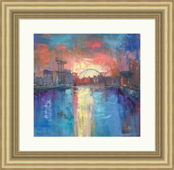 My Beautiful Glasgow Squinty Bridge by Michael Murphy framed wall art print in Antique Gold (2313), showing a Glasgow Squinty Bridge scene with a blue-toned city atmosphere