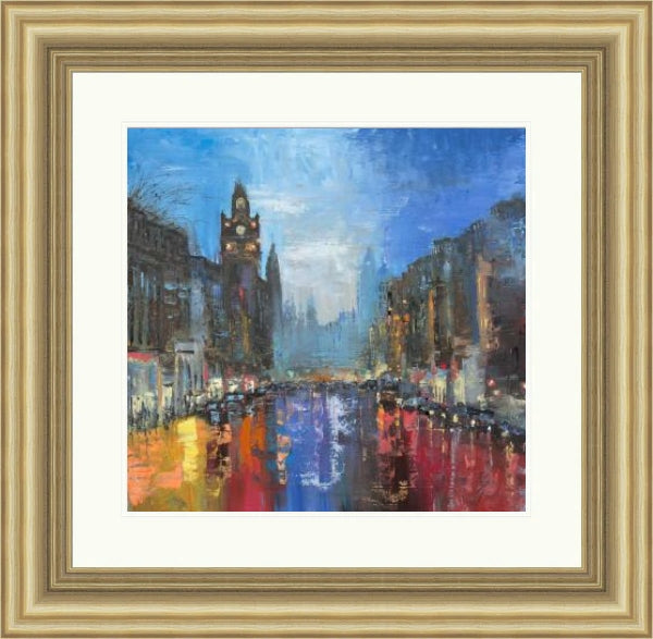 Last Light Princes Street by Michael Murphy framed wall art print in Antique Gold (2313), showing an atmospheric Edinburgh Princes Street scene at last light