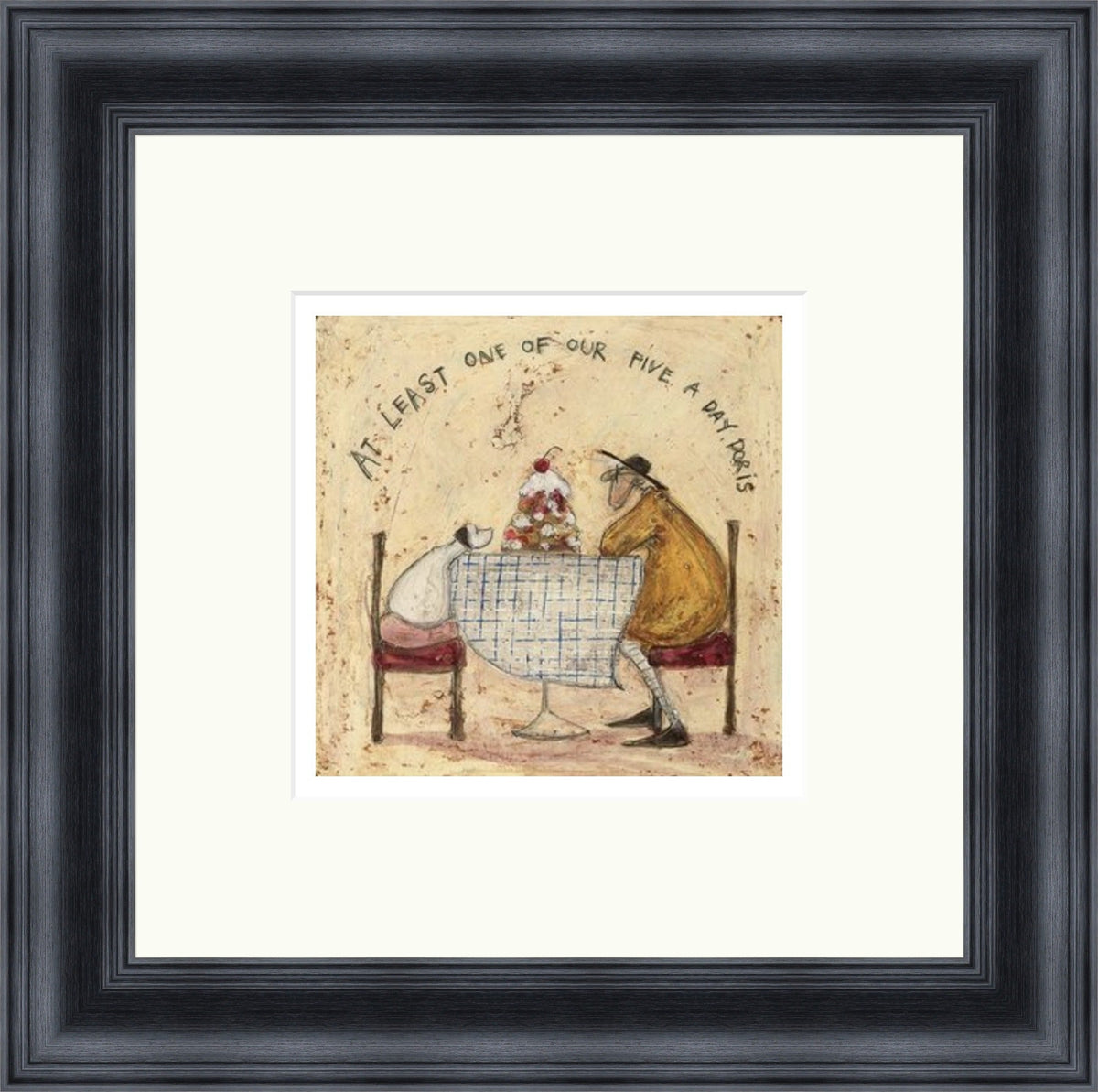 At Least One of Our Five a Day Doris by Sam Toft framed wall art print featuring Doris the dog in a humorous food-themed scene about one of five a day, shown in Black frame