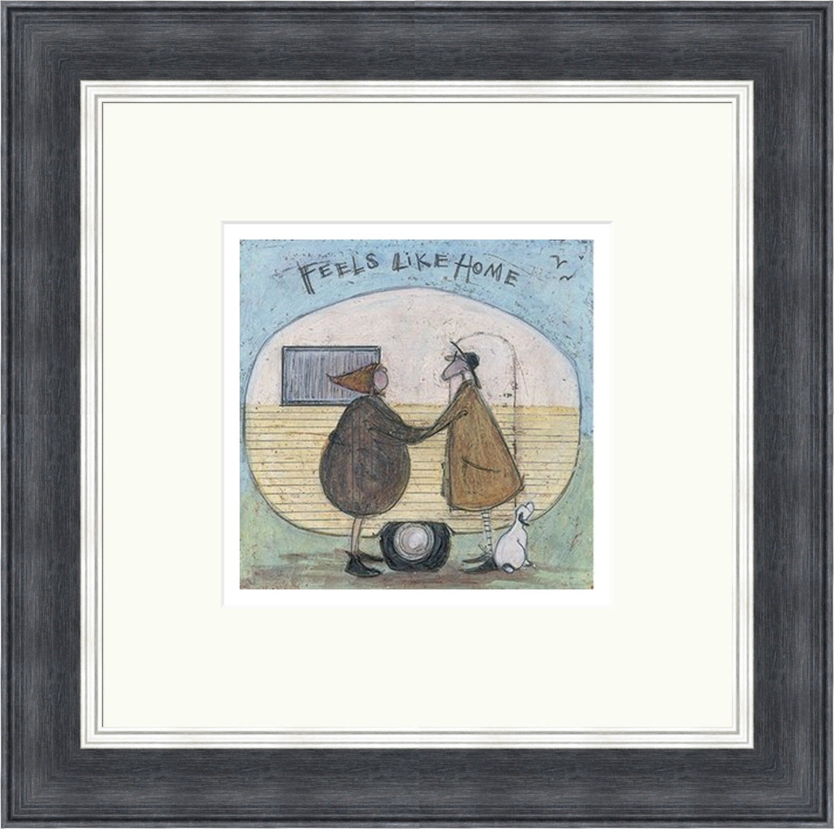 Feels like Home by Sam Toft framed wall art print featuring loving companions and their dog sharing a comforting sense of home, shown in Grey with Silver trim frame