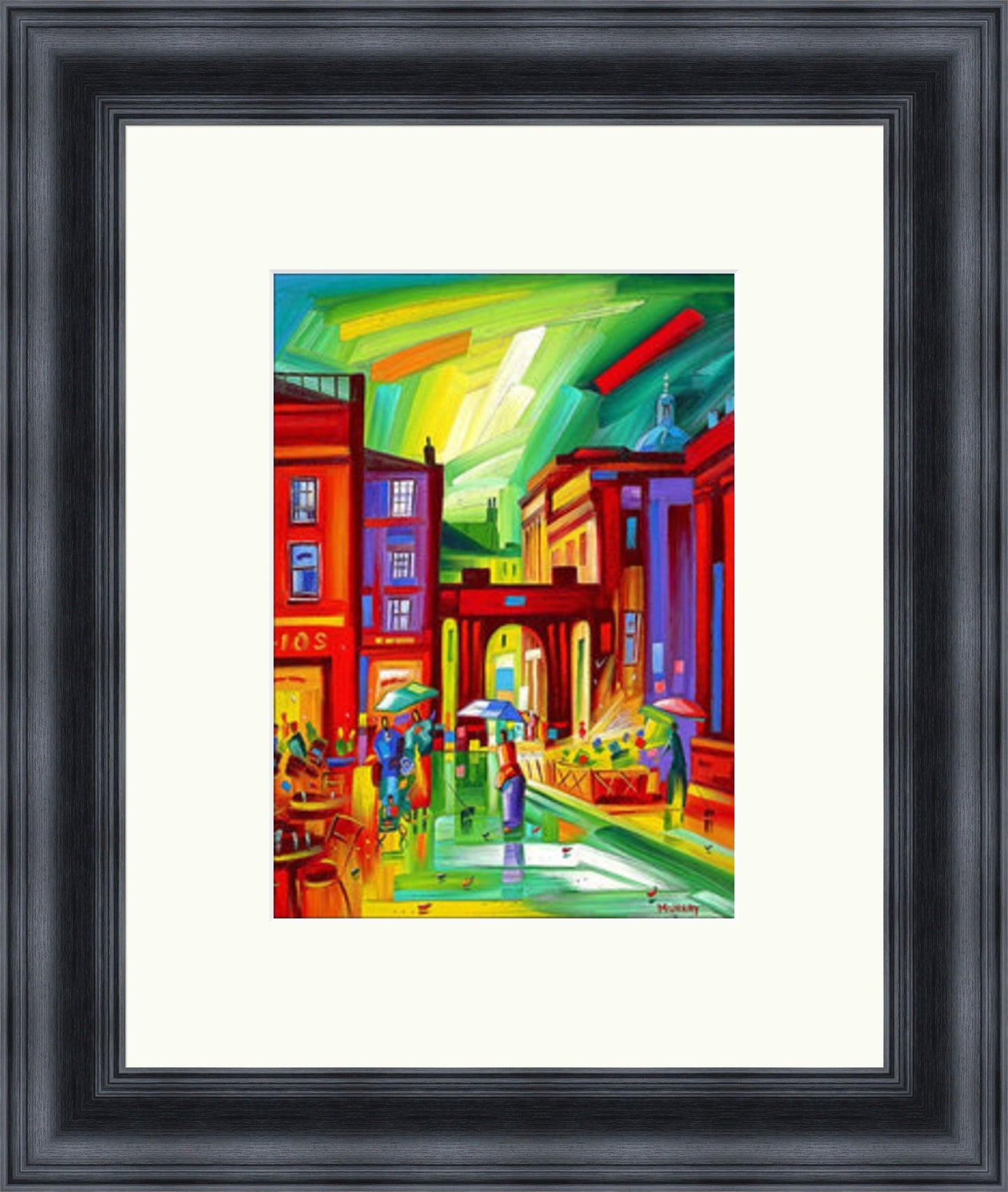 Royal Exchange Square II by Raymond Murray framed wall art print featuring a Glasgow city scene of Royal Exchange Square, with lively architectural detail and a strong urban focal point