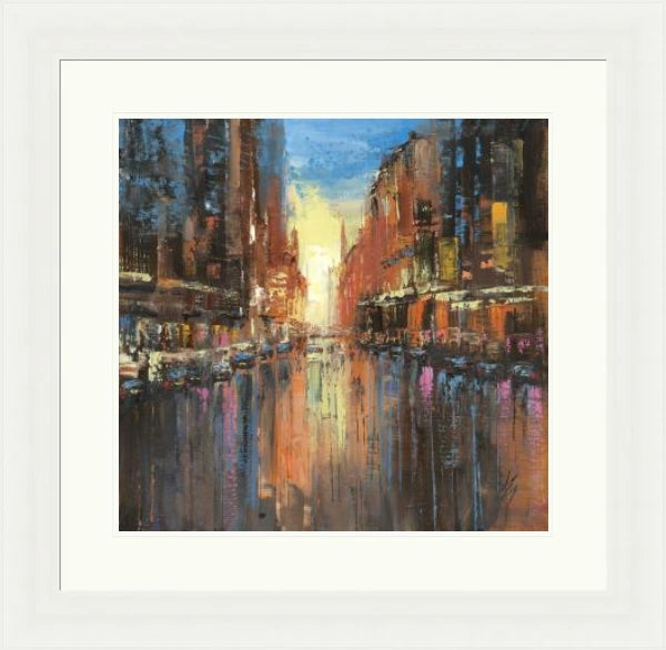 Sunburst St Vincent Street Glasgow by Michael Murphy framed wall art print in Antique Gold (2313), showing a sunburst Glasgow city street scene inspired by St Vincent Street