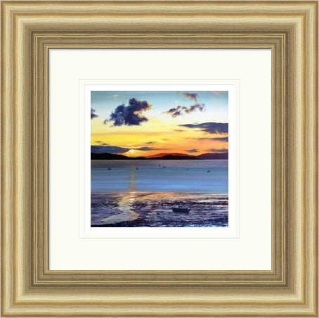 Sundown over Bute by Scott McGregor framed wall art print showing boats and tidal shore beneath a sunset over the island