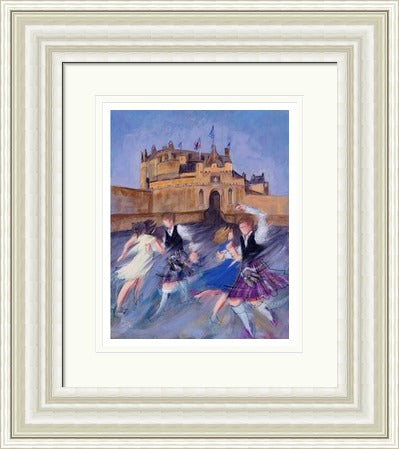 Castle Connections, Edinburgh Castle by Janet McCrorie framed wall art print showing ceilidh dancers and Edinburgh Castle brought together in a colourful celebration of Scottish…