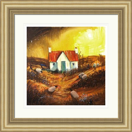 A Storm Breaking by Ann Vastano framed wall art print showing a white cottage with a red roof beneath a glowing yellow storm sky