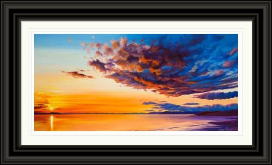Evening Splendour by Scott McGregor framed wall art print showing a glowing coastal sunset beneath sweeping blue and purple clouds