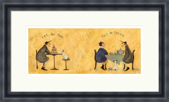 Tea for Two Tea for Three by Sam Toft framed wall art print featuring two whimsical teatime scenes with figures, cakes, teapots and a small dog, shown in Black frame