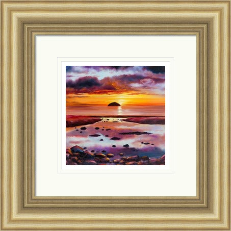 Scarlet Skies Ailsa Craig by Scott McGregor framed wall art print showing the island beyond tidal pools reflecting a scarlet sunset