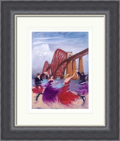 Footsteps at the Forth by Janet McCrorie framed wall art print showing dancers moving near the Forth, linking Scottish dance, place and rhythm in a distinctive landmark scene