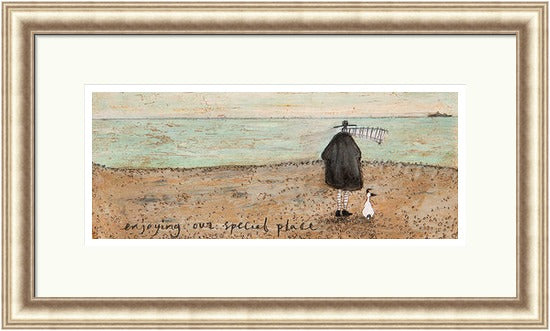 Enjoying Our Special Place by Sam Toft framed wall art print featuring the Mustard family and their dogs enjoying a favourite coastal place together, shown in Gold frame