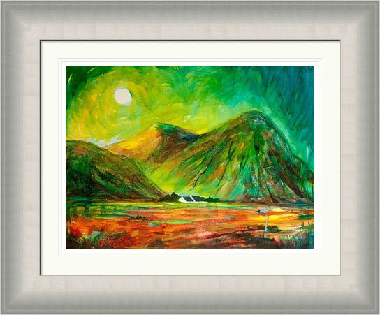 Glencoe, from High Bens to Low Houses by Ann Vastano framed wall art print showing green mountains, glowing orange ground and a small white house in Glencoe