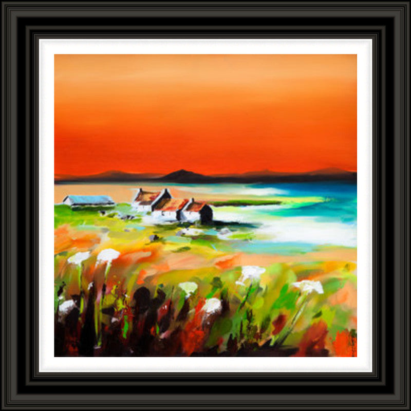 Shepherd's Delight, Iona by Garry Brander framed wall art print featuring an Iona island scene with croft and bothy character set within a coastal landscape