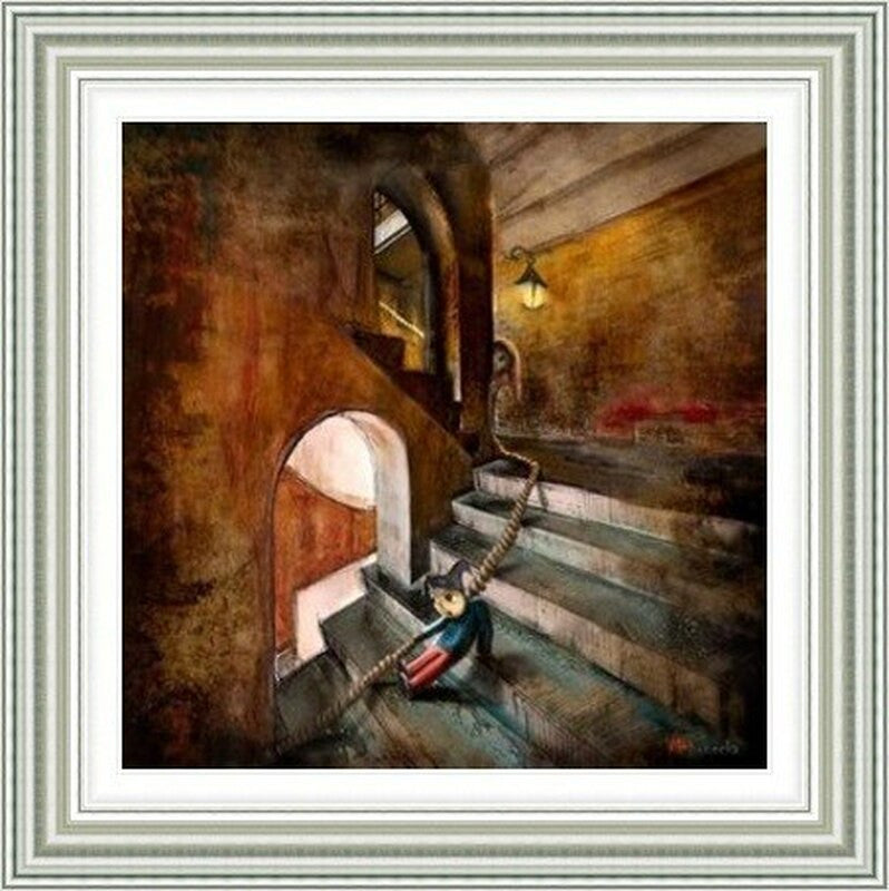 Down the Stairs (Glasgow School of Art) by Matylda Konecka framed wall art print inspired by the Glasgow School of Art, with a dramatic stairway and architectural mood
