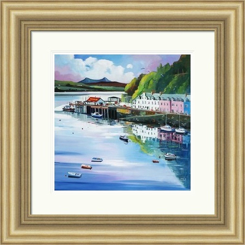 The Pink House, Portree by Daniel Campbell framed wall art print featuring Portree with a distinctive pink house adding a bright focal point to the harbour-side setting