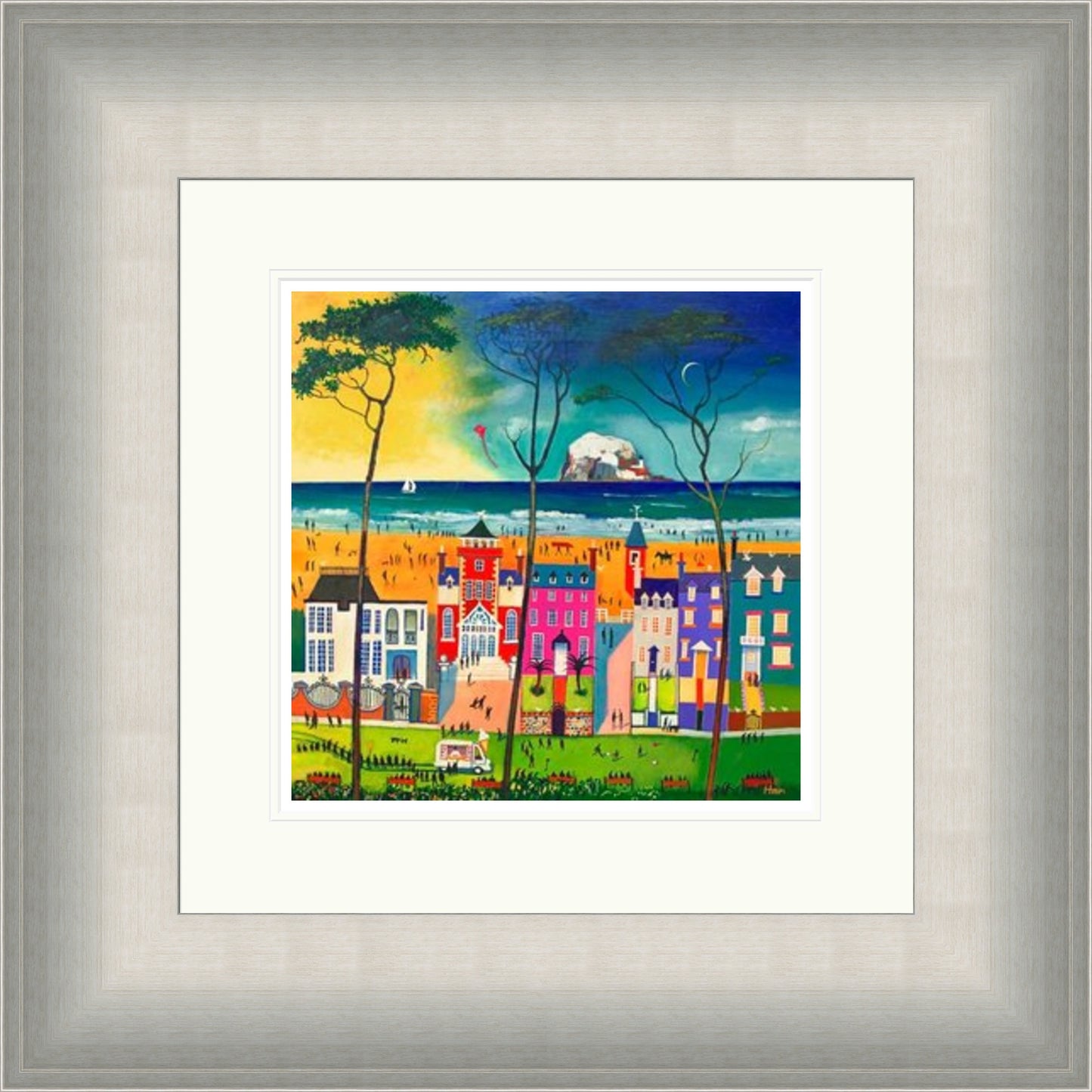 Holidays North Berwick by Rob Hain framed wall art print featuring a North Berwick holiday scene with seaside colour, beach life and relaxed coastal charm