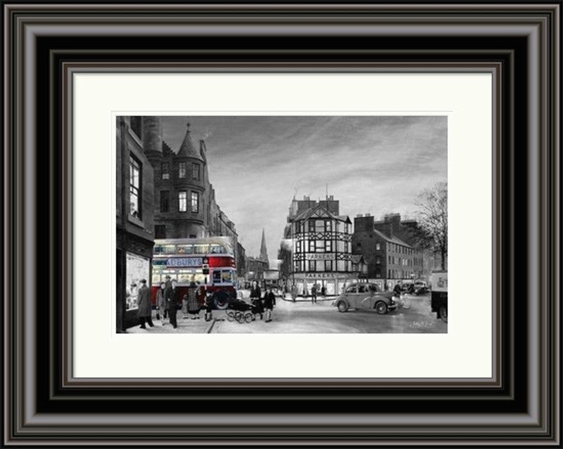 Rush Hour Leith Street, Black and White by John M Boyd framed wall art print showing a black and white Leith Street view with busy Edinburgh traffic, pedestrians and tall city buildings