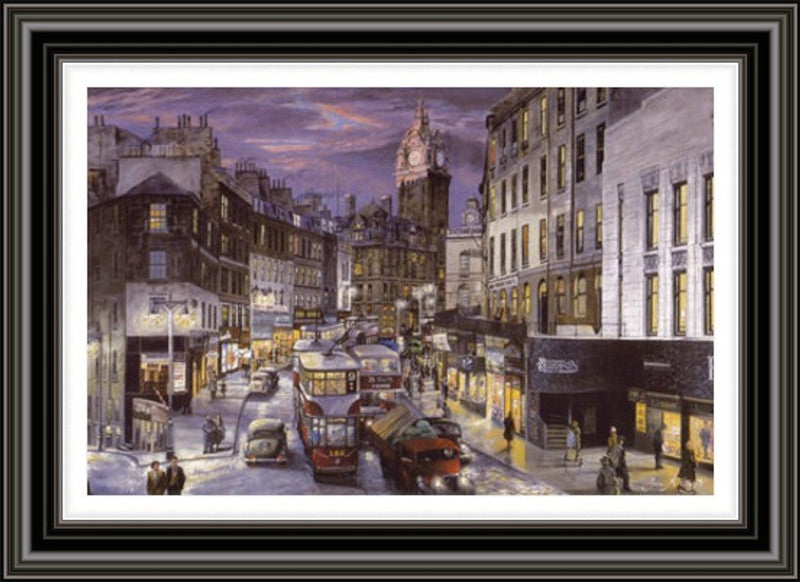Rush Hour Leith Street, Colour by John M Boyd framed wall art print showing a busy colour view of Leith Street in Edinburgh with traffic, pedestrians, shopfronts and evening city lights