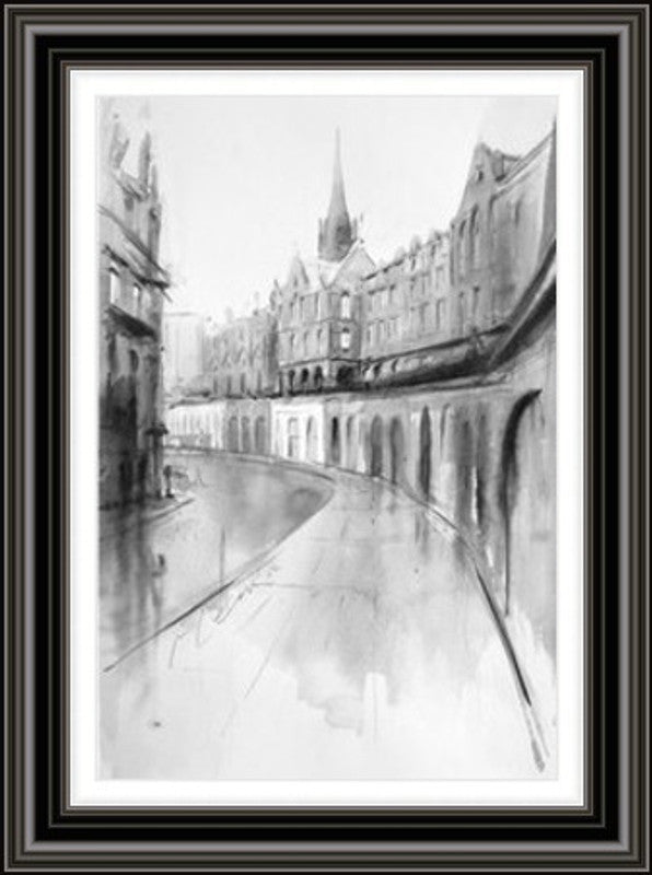 Victoria Street by Ismael Pinteño framed wall art print featuring soft Edinburgh cityscape of Victoria Street with curved historic street facades