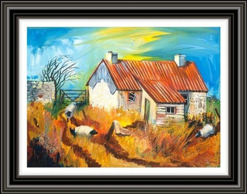 Tomintoul Croft by Ann Vastano framed wall art print showing a white cottage with a red roof, sheep and bright Highland skies