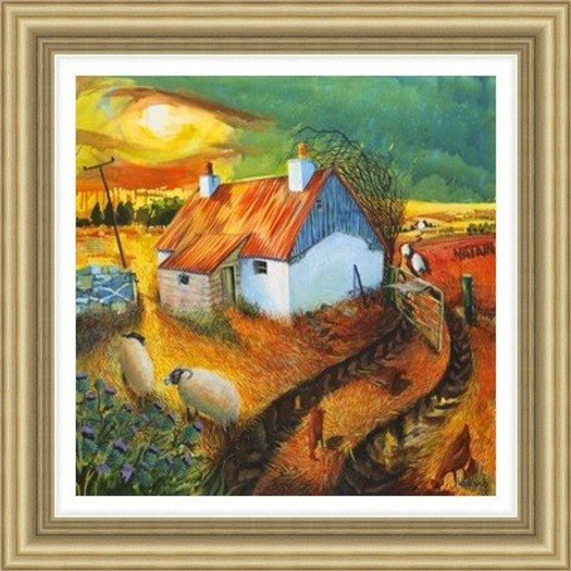 The Croft Winds of Change by Ann Vastano framed wall art print showing a white croft with a red roof, sheep, stone walls and a changing sky