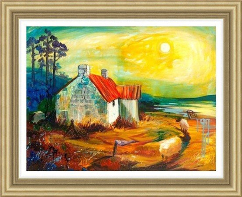 Last Stand by Ann Vastano framed wall art print showing a Highland cottage, a lone figure and a glowing yellow sun over warm orange ground