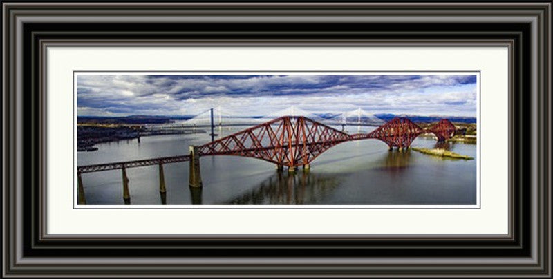 The Three Bridges Colour by Ian Marshall framed wall art print showing the three Forth bridges across the water in colour