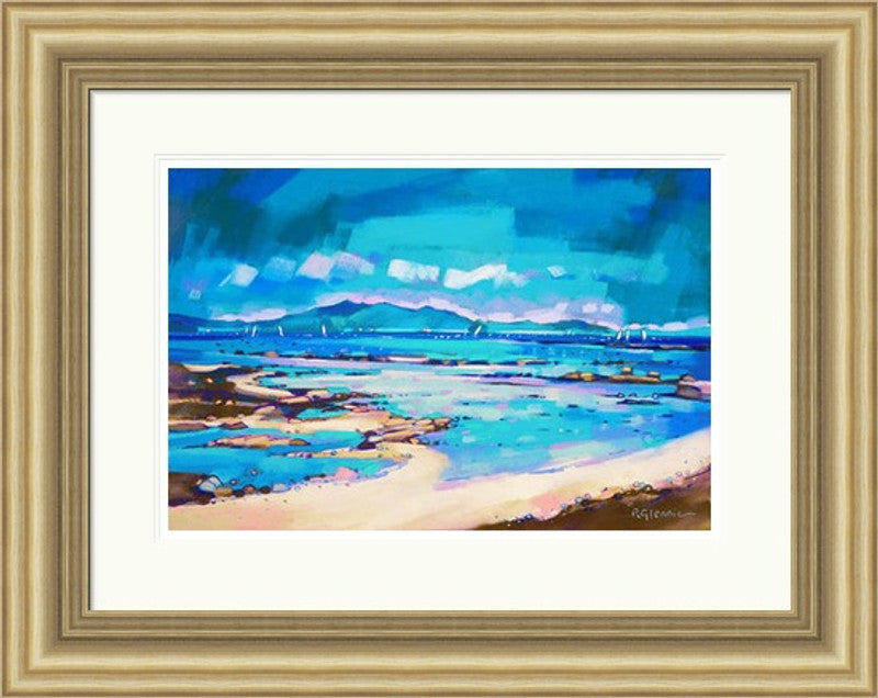Coastal Blues, Arran by Pam Glennie framed wall art print featuring blue coastal view inspired by Arran with sea and shoreline tones