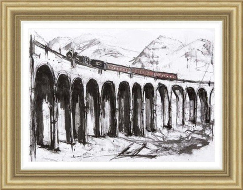 Glenfinnan Viaduct by Liana Moran framed wall art print featuring Glenfinnan Viaduct arches across the Highland landscape