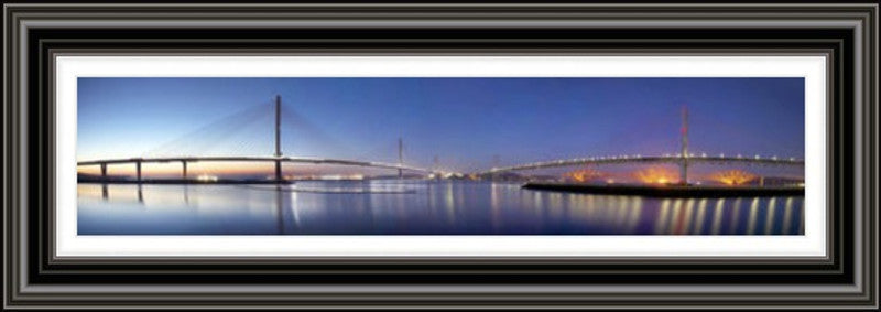 Three Bridges Blue by Ian Marshall framed wall art print showing the three Forth bridges in a cool blue panoramic scene