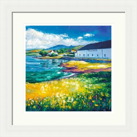 Talisker Distillery, Isle of Skye by Jean Feeney framed wall art print with Scottish coastal landscape scenery