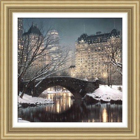 Twilight in Central Park by Rod Chase framed wall art print showing snowy Central Park, Gapstow Bridge and Manhattan lights