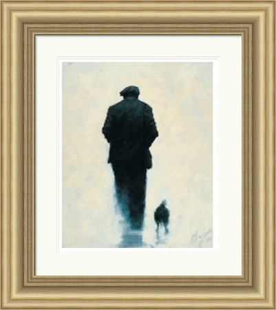 Pals by Alexander Millar framed wall art print showing a flat-capped figure walking away with a small dog companion through a misty pale background