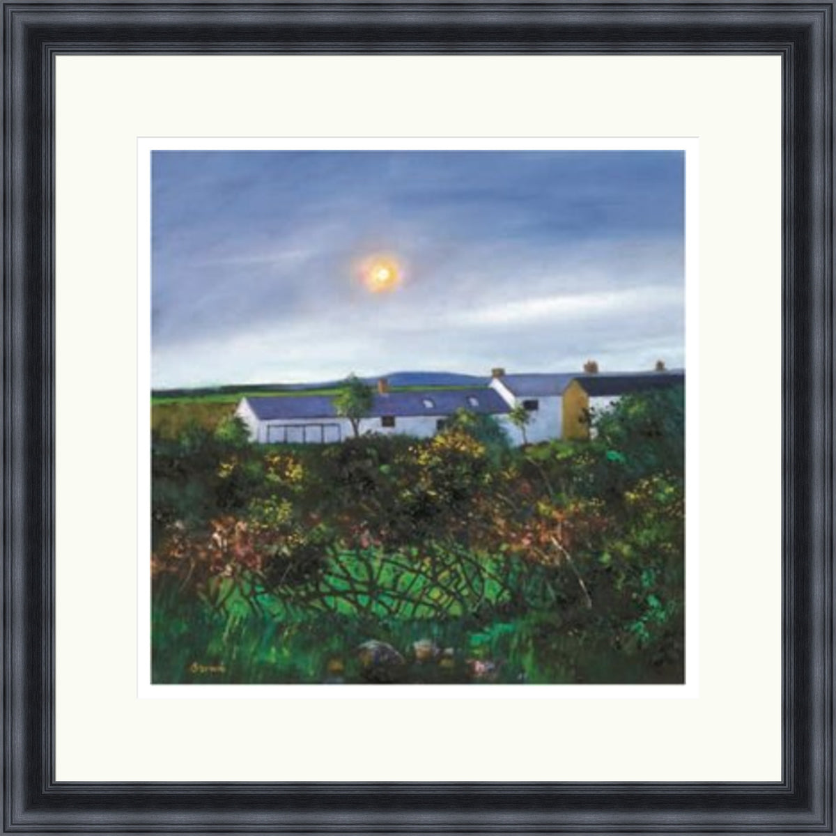 Cornish Cottages by Davy Brown framed signed limited edition cottage landscape print with red roofs and wildflower meadow