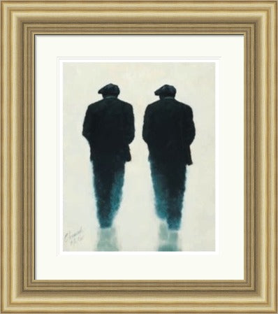 Comrades by Alexander Millar framed wall art print showing two flat-capped figures walking side by side against a pale background