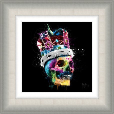 Freddie Mercury Skull by Patrice Murciano framed wall art print featuring a Freddie-inspired skull artwork with rock attitude, colour and dramatic contrast