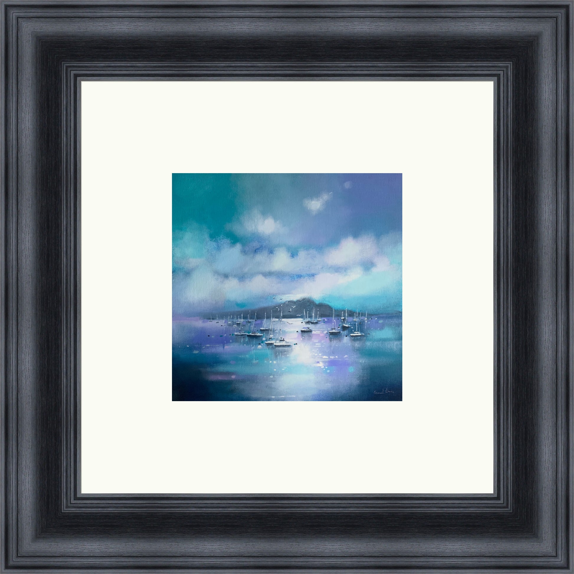 Hole Isle Moorings, Arran by Emma S Davis framed wall art print showing boats at moorings around Arran