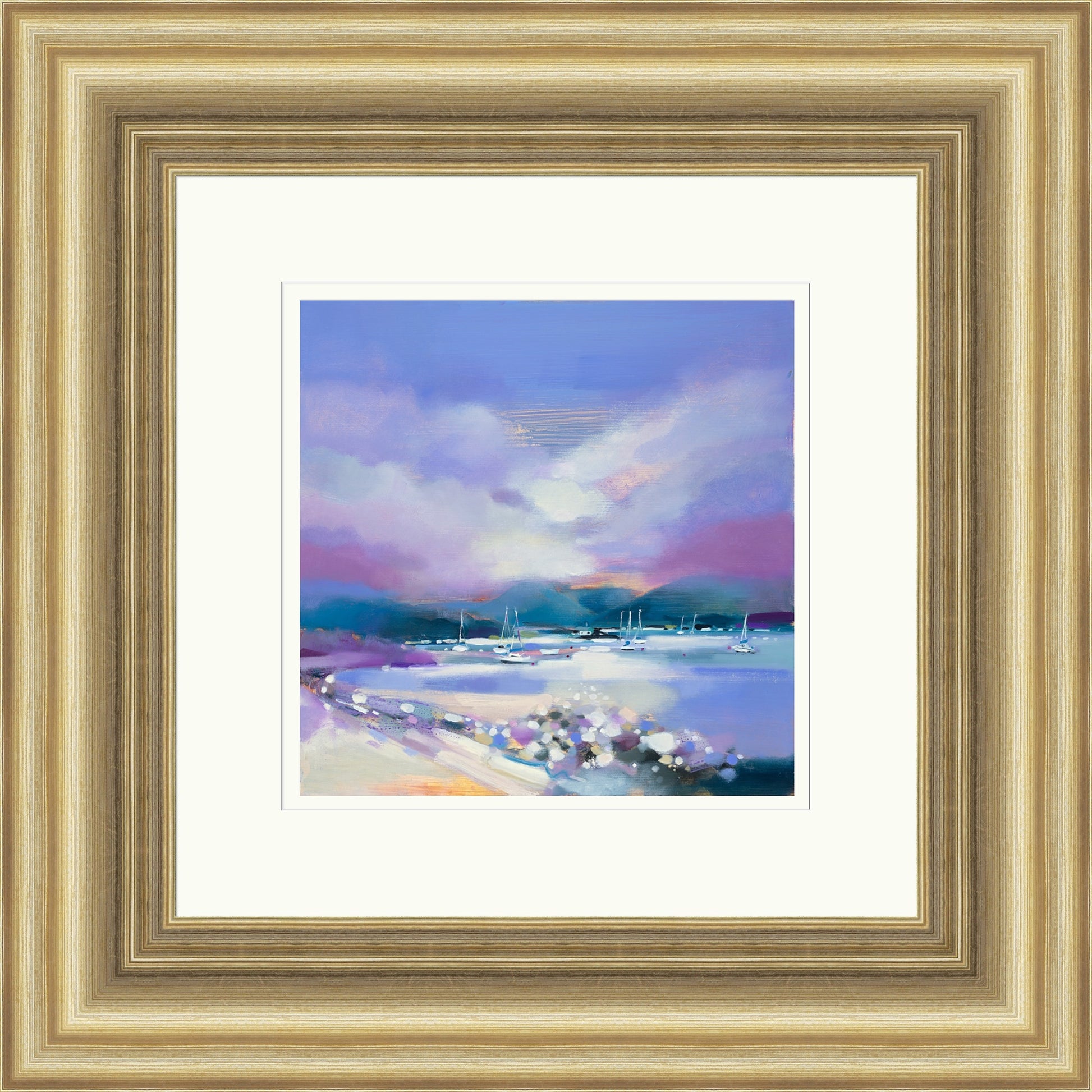 Early Morning, Kames Bay, Bute (Signed Limited Edition) by Emma S Davis framed wall art print showing a tranquil early morning scene at Kames Bay on Bute