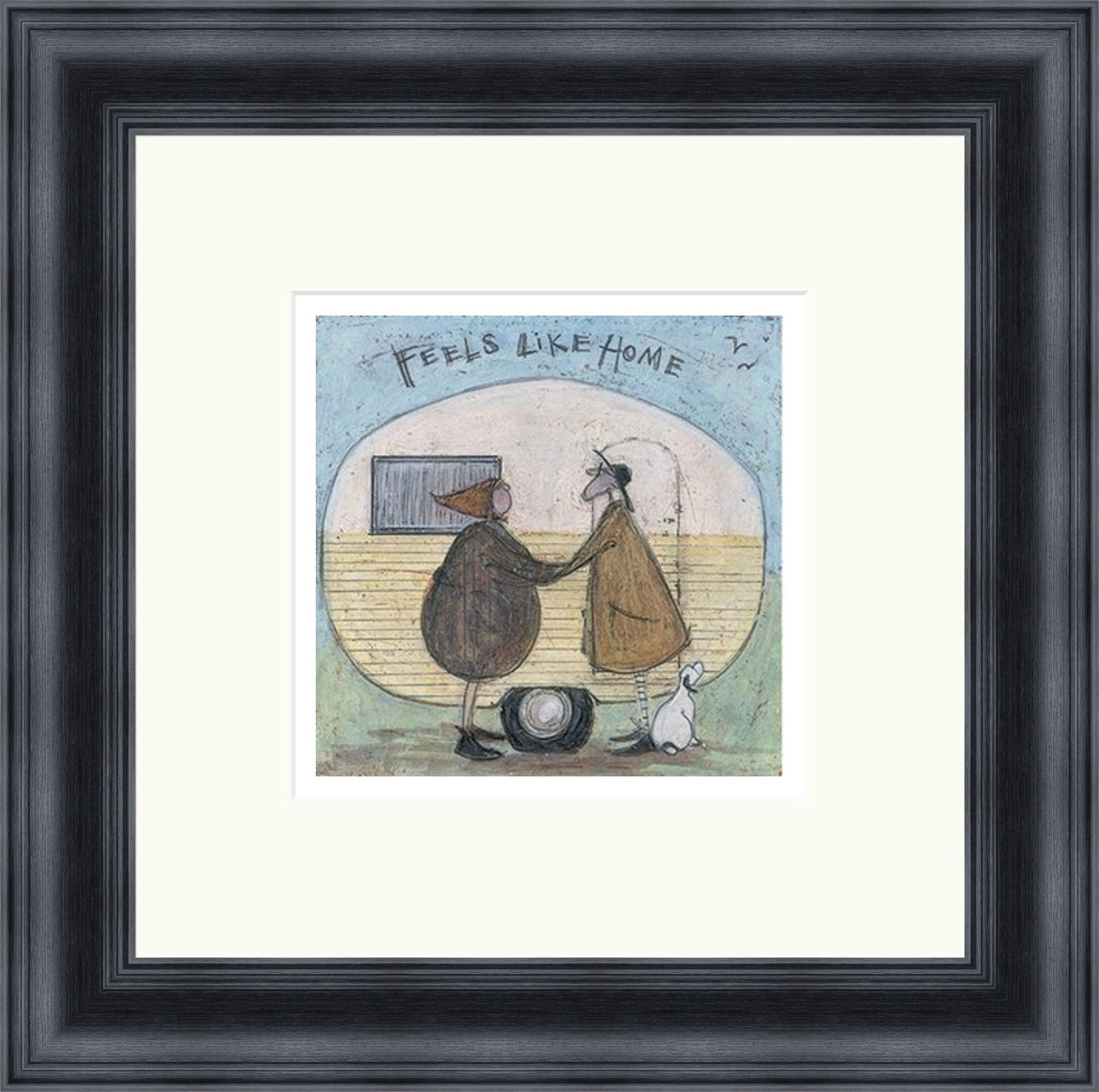 Feels like Home by Sam Toft framed wall art print featuring loving companions and their dog sharing a comforting sense of home, shown in Black frame