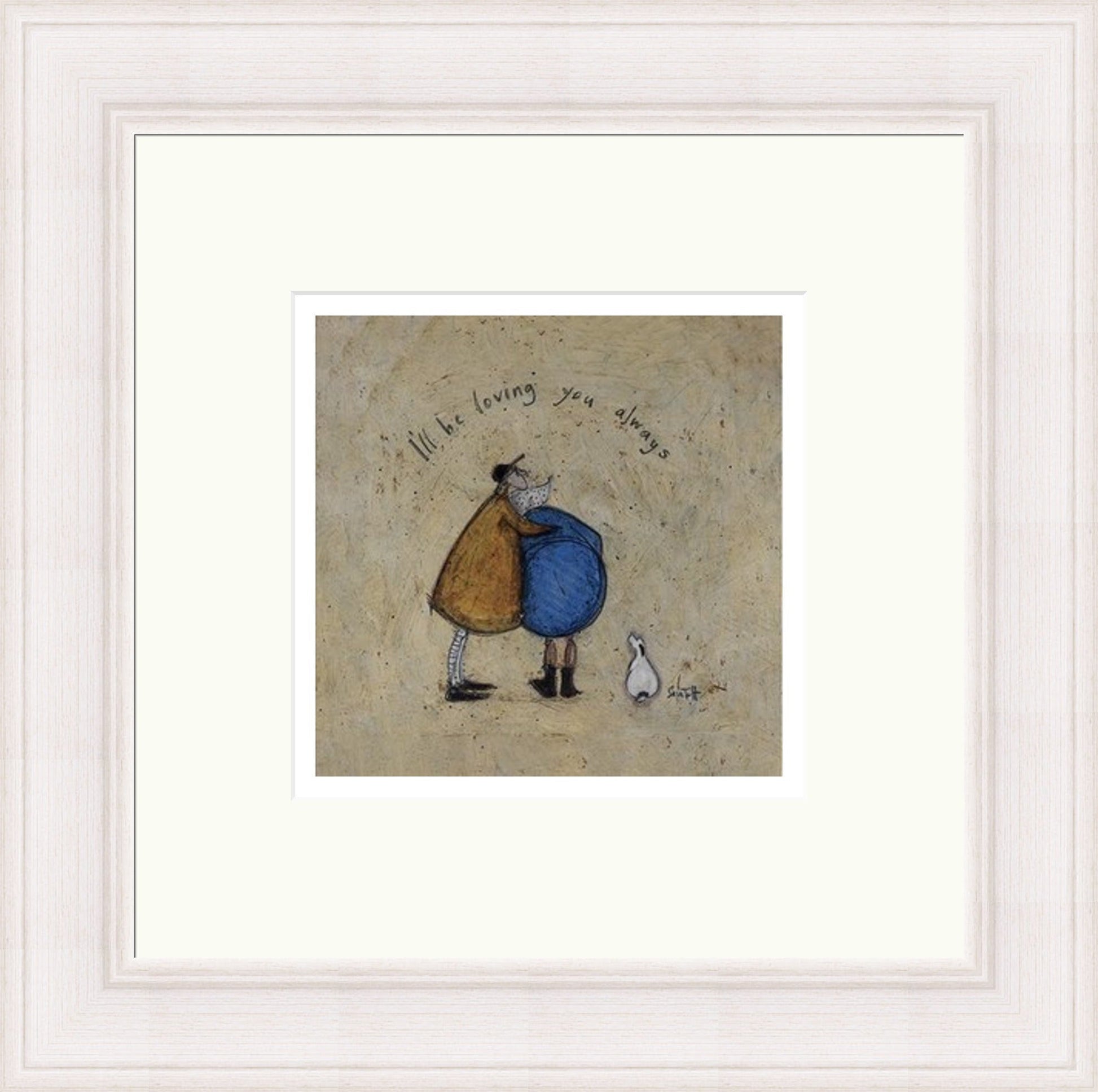 I'll Be Loving You Always by Sam Toft framed wall art print featuring a devoted couple and faithful dog sharing a promise of lasting love, shown in White Washed Effect frame