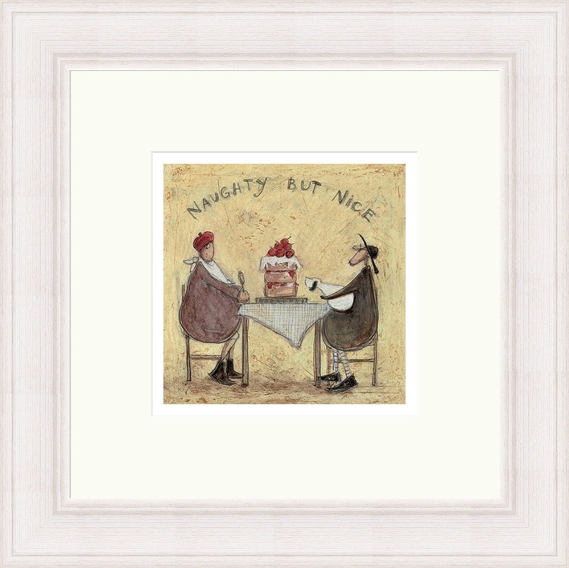 Naughty but Nice by Sam Toft framed wall art print featuring a mischievous but lovable animal companion in a playful scene, shown in White Washed Effect frame