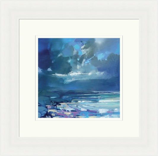 West Coast Blues I by Scott Naismith framed wall art print featuring Scotland's west coast shaped by blue sea, island forms and atmospheric sky, shown in White Washed Wood Effect