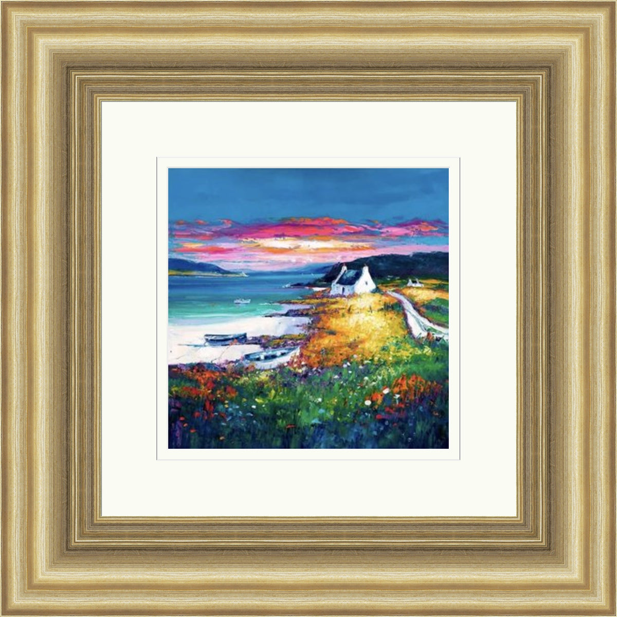 Sunset Camus Croise Bay, Skye by Jean Feeney framed wall art print with Scottish coastal landscape scenery