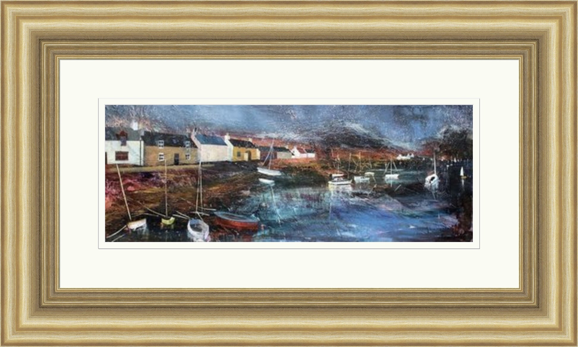 Sheltered Moorings (Limited Edition) by Fiona Matheson limited edition framed wall art print showing boats resting in sheltered moorings on calm Scottish coastal water