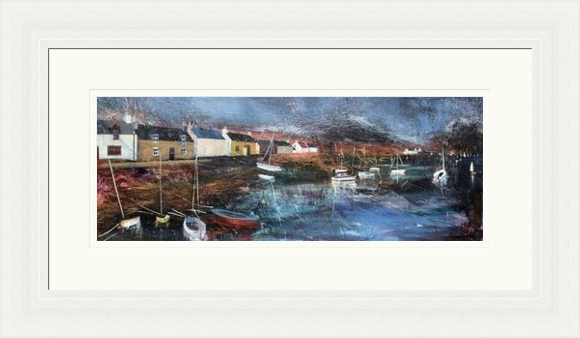 Sheltered Moorings (Limited Edition) by Fiona Matheson limited edition framed wall art print showing boats resting in sheltered moorings on calm Scottish coastal water