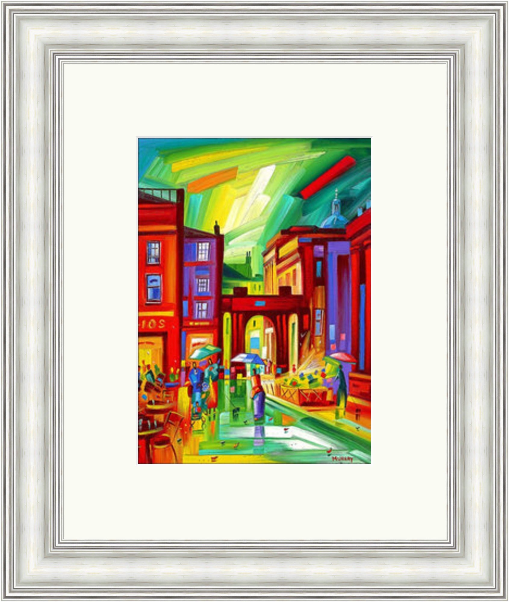 Royal Exchange Square II by Raymond Murray framed wall art print featuring a Glasgow city scene of Royal Exchange Square, with lively architectural detail and a strong urban focal point