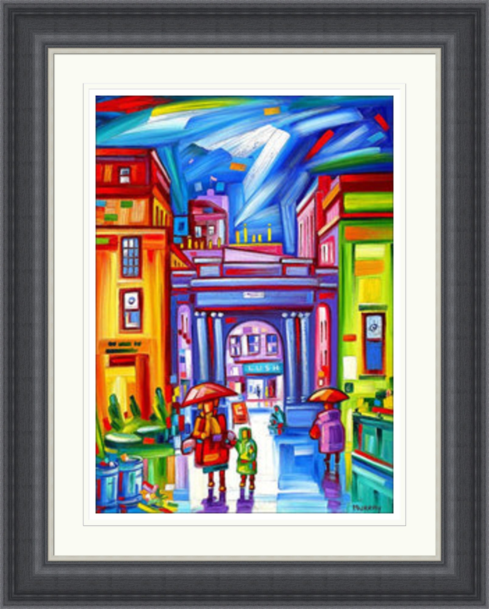 Royal Exchange Square 1 by Raymond Murray framed wall art print featuring a Glasgow city scene of Royal Exchange Square, with lively architectural detail and a strong urban focal point