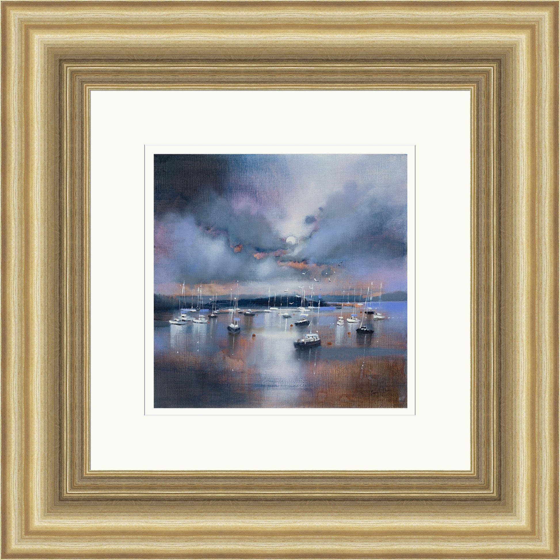 Moonlit Moorings, Crinan (Signed Limited Edition) by Emma S Davis framed wall art print showing boats at their moorings beneath a moonlit Crinan sky