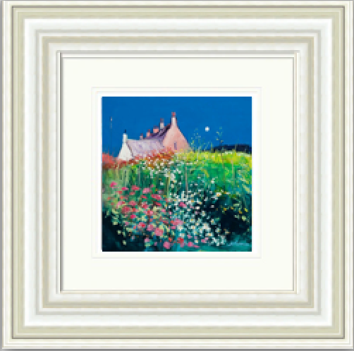 The Garden, Bishop's House, Iona by Jolomo framed wall art print featuring a church or historic building within the scene with colourful flowers and textured foreground detail around Iona