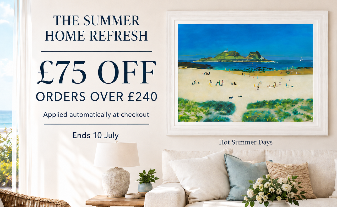 Living room with a framed artwork of a beach scene, promotional text for summer home refresh offer.