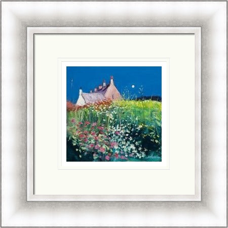 The Garden, Bishop's House, Iona by Jolomo framed wall art print featuring a church or historic building within the scene with colourful flowers and textured foreground detail around Iona